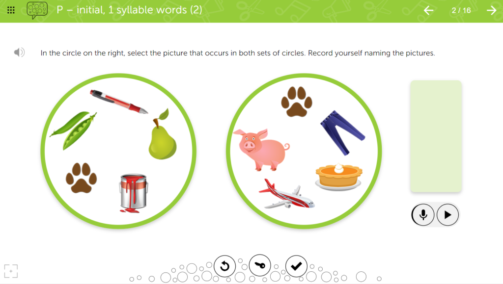 Example activity from Learnigo’s Articulation program (Part 1) targeting initial /p/ at the word level.