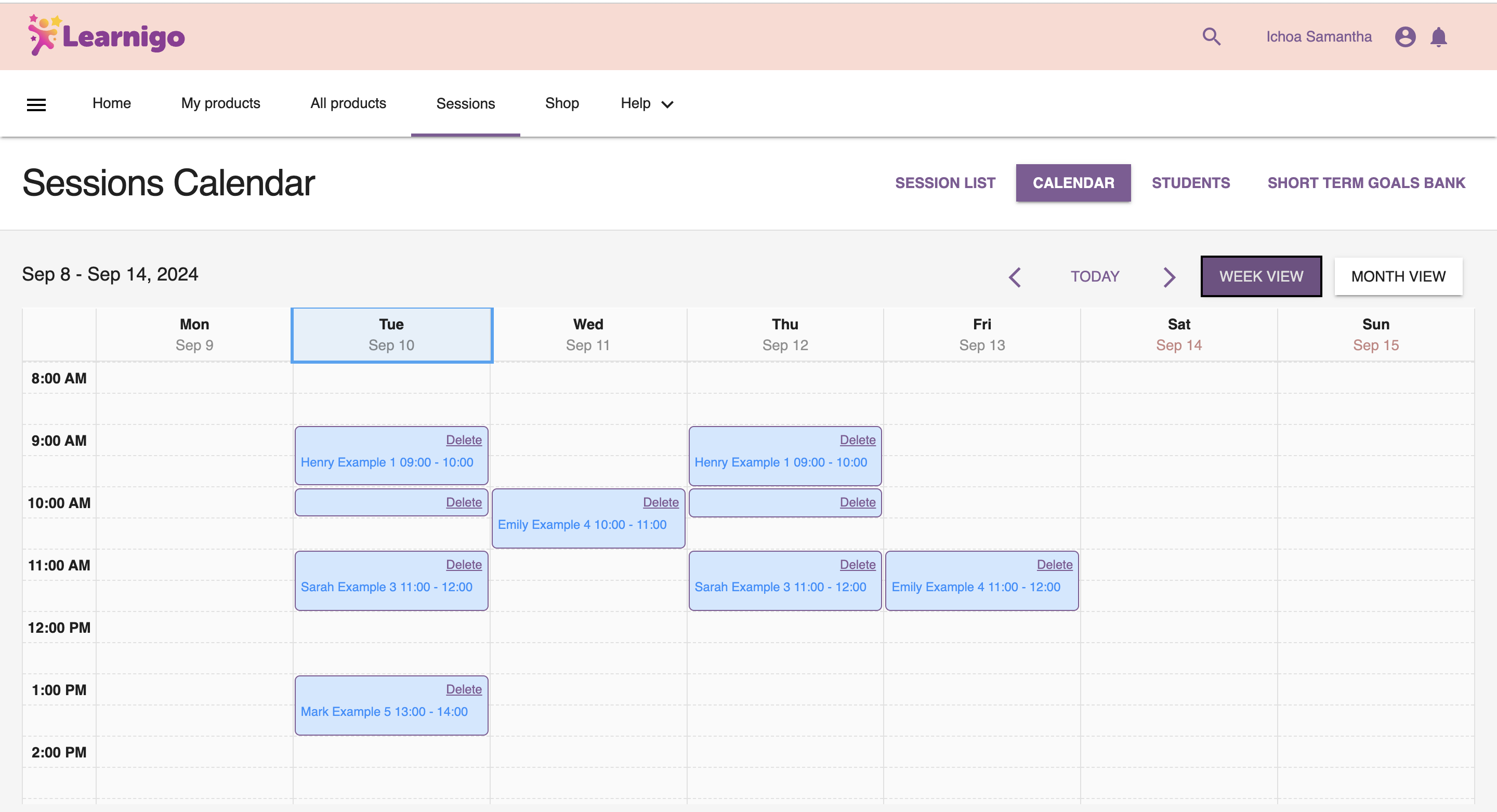 Learnigo Session Schedule Example Screenshot